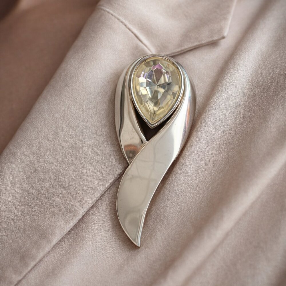 Vintage Modernist Silver Tone Brooch Large Teardrop Crystal Statement‎ Pin 80s